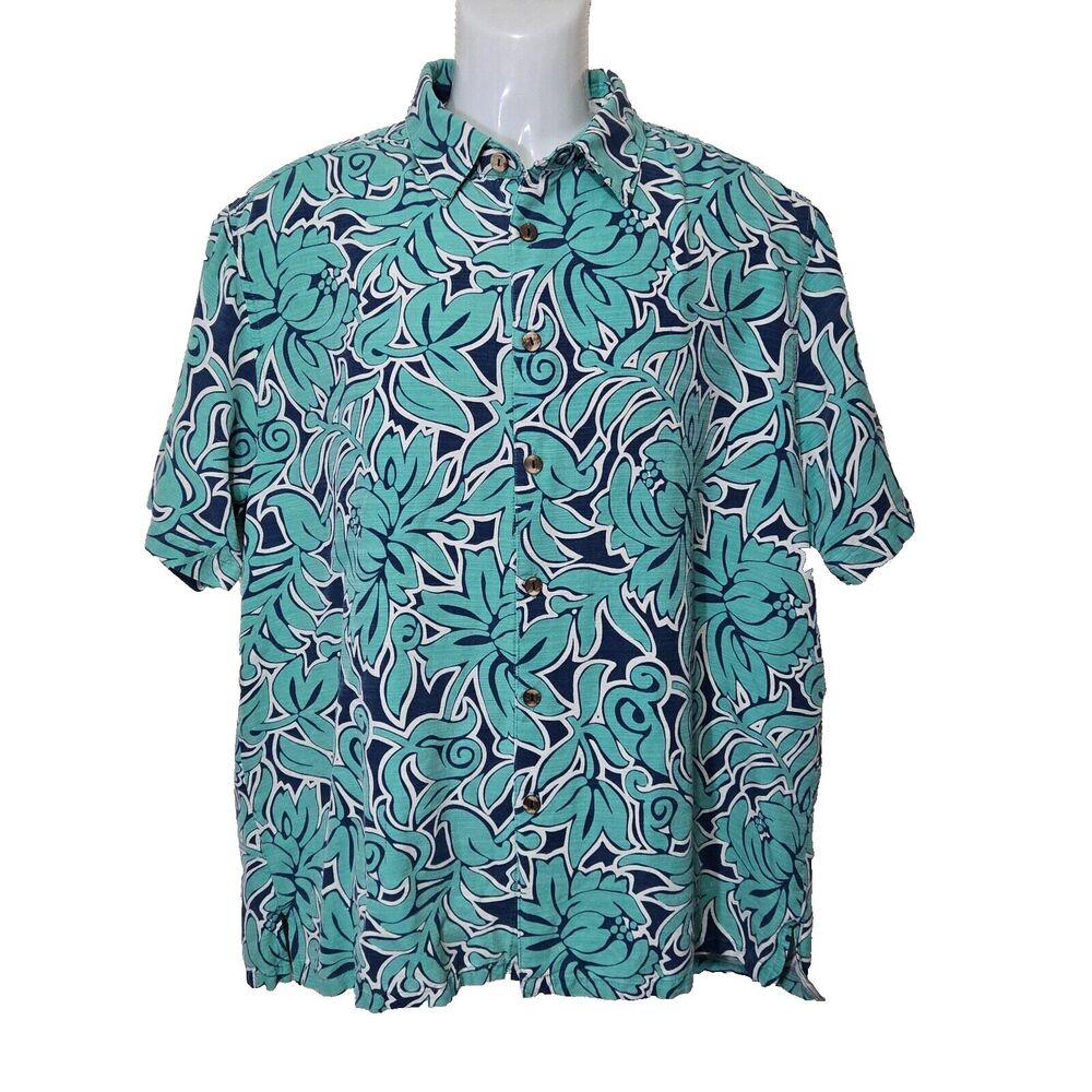 Island Republic Hawaiian Shirt Mens XL 100% SILK Teal Green Floral Palm Leaves